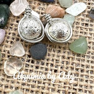 Lava rock metallic silver spheres stud earrrings